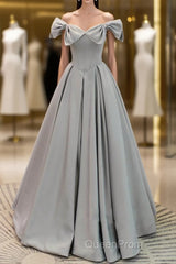 Gray A-Line Satin Long Evening Prom Dresses, Gray Formal Evening Dresses