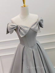 Gray A-Line Satin Long Evening Prom Dresses, Gray Formal Evening Dresses
