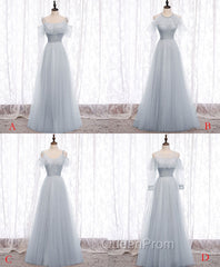 Gray A line Tulle Long Evening Prom Dresses, Gray Evening Bridesmaid Dresses