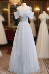 Gray A line Tulle Long Evening Prom Dresses, Gray Evening Bridesmaid Dresses