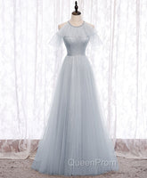 Gray A line Tulle Long Evening Prom Dresses, Gray Evening Bridesmaid Dresses