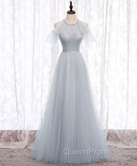 Gray A line Tulle Long Evening Prom Dresses, Gray Evening Bridesmaid Dresses