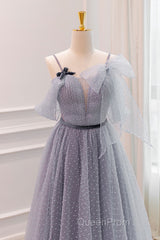 Gray A-Line Tulle Long Evening Prom Dresses, Gray Formal Evening Dresses