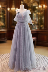 Gray A-Line Tulle Long Evening Prom Dresses, Gray Formal Evening Dresses