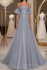 Gray A line tulle off shoulder Evening Prom Dresses, gray long evening Dresses