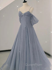 Gray A line tulle off shoulder Evening Prom Dresses, gray long evening Dresses
