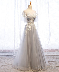 Gray Aline Lace Long Prom Dress, Gray Tulle Lace Formal Graduation Dress