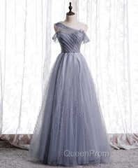 Gray Aline Long Evening Prom Dresses, One Shoulder Gray Evening Party Dresses