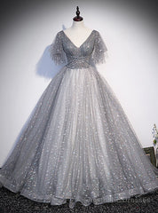 Gray Ball Gown Tulle Sequins V-neck Prom Dress
