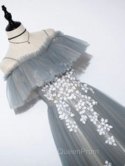 Gray Blue A line Tulle Lace Long Evening Prom Dresses, Gray Blue Graduation Dresses