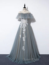 Gray Blue A line Tulle Lace Long Evening Prom Dresses, Gray Blue Graduation Dresses