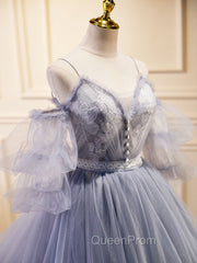 Gray Blue A-Line Tulle Lace Long Evening Prom Dresses, Gray Blue Evening Graduation Dresses
