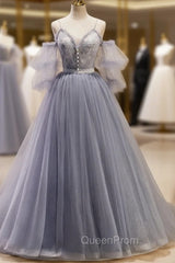 Gray Blue A-Line Tulle Lace Long Evening Prom Dresses, Gray Blue Evening Graduation Dresses