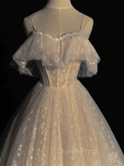 Gray blue/champagne Tulle Long Evening Prom Dresses, Tulle Evening Graduation Dresses