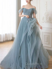 Gray Blue Tulle Lace Long Evening Prom Dresses, Gray Blue Formal Dresses