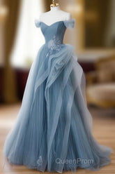 Gray Blue Tulle Lace Long Evening Prom Dresses, Gray Blue Formal Dresses