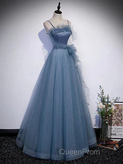 Gray Blue Tulle Long Evening Prom Dresses A Line Evening Dresses Formal Dresses December Wedding Guest Dresses