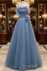 Gray Blue Tulle Long Evening Prom Dresses A Line Evening Dresses Formal Dresses December Wedding Guest Dresses