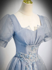 Gray Blue Tulle Long Evening Prom Dresses, Gray Blue Tulle Evening Dresses