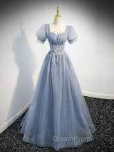 Gray Blue Tulle Long Evening Prom Dresses, Gray Blue Tulle Evening Dresses