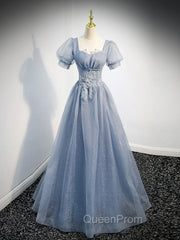 Gray Blue Tulle Long Evening Prom Dresses, Gray Blue Tulle Evening Dresses
