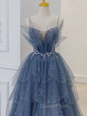 Gray Blue Tulle Sequin Beads Long Evening Prom Dresses, Blue Evening Dresses