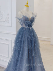 Gray Blue Tulle Sequin Beads Long Evening Prom Dresses, Blue Evening Dresses