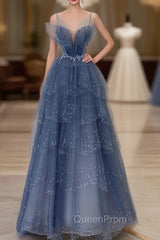 Gray Blue Tulle Sequin Beads Long Evening Prom Dresses, Blue Evening Dresses