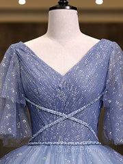 Gray Blue V Neck Tulle Long Evening Prom Dresses, Blue Long Sweet 16 Dresses