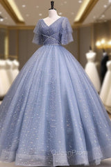 Gray Blue V Neck Tulle Long Evening Prom Dresses, Blue Long Sweet 16 Dresses