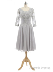 Gray Chiffon Appliques 3/4 Sleeve Knee Length Mother of The Bride Dress