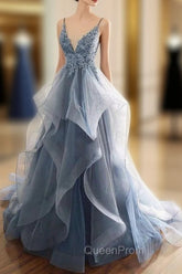 Gray Evening Dresses Tulle V-neck Ruffles Long Spaghetti Lace Beading Evening Prom Party Gowns