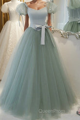 Gray Green A-Line Tulle Long Evening Prom Dresses, Gray Green Formal Dresses