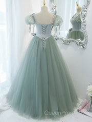 Gray Green A-Line Tulle Long Evening Prom Dresses, Gray Green Formal Dresses