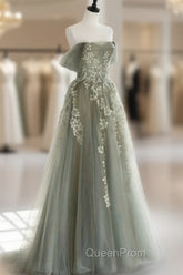Gray Green Off The Shoulder Tulle Evening Prom Dresses With Appliques