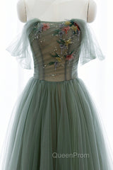 Gray Green Tulle Beaded Long Evening Prom Dresses, A-Line Evening Dresses