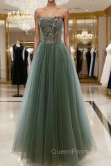 Gray Green Tulle Beaded Long Evening Prom Dresses, A-Line Evening Dresses