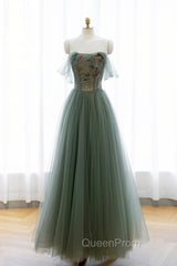 Gray Green Tulle Beaded Long Evening Prom Dresses, A-Line Evening Dresses