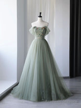 Gray Green Tulle Off Shoulder Long Prom Dress, Gray Green Formal Graduation Dresses