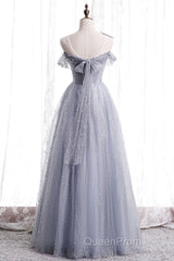 Gray One Shoulder Tulle Long Evening Prom Dresses Gray Tulle Evening Dresses