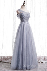 Gray One Shoulder Tulle Long Evening Prom Dresses Gray Tulle Evening Dresses