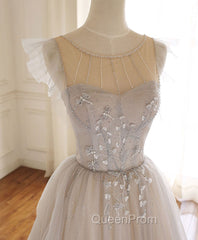 Gray Purple Round Neck Tulle Long Evening Prom Dresses, A line Evening Graduation Dresses