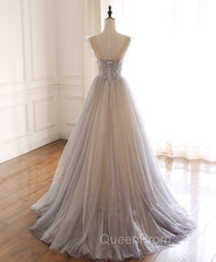 Gray Purple Round Neck Tulle Long Evening Prom Dresses, A line Evening Graduation Dresses