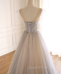 Gray Purple Round Neck Tulle Long Evening Prom Dresses, A line Evening Graduation Dresses