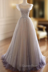 Gray Purple Round Neck Tulle Long Evening Prom Dresses, A line Evening Graduation Dresses