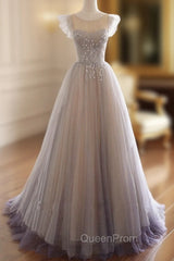 Gray Purple Round Neck Tulle Long Evening Prom Dresses, A line Evening Graduation Dresses