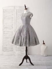 Gray Round Neck Lace Short Prom Dress Gray Bridesmaid Dress