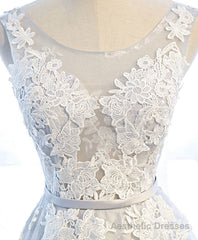 Gray Round Neck Tulle Lace Applique Long Prom Dress