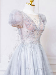 Gray Round Neck Tulle Lace Long Evening Prom Dresses, Gray Tulle Evening Dresses