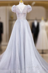 Gray Round Neck Tulle Lace Long Evening Prom Dresses, Gray Tulle Evening Dresses